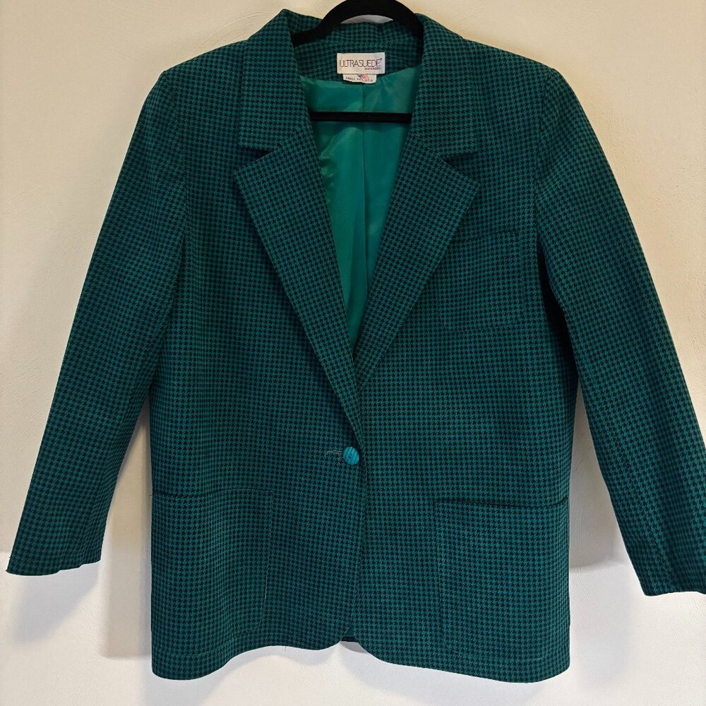 Vintage Ultrasuede Teal Houndstooth Blazer – 80s/90s Power Suit Jacket
